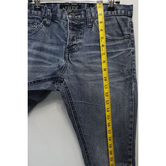 XXX Rude Button Fly Skinny Jeans Men 30 / 34 Distressed Ripped Blue Denim - Picture 4 of 14